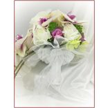 Lila-Fehér Orchideás-Rózsás, zöld Hortenziás Örök-cseppcsokor + kitűzővel 