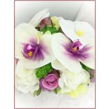 Lila-Fehér Orchideás-Rózsás, zöld Hortenziás Örök-cseppcsokor + kitűzővel 