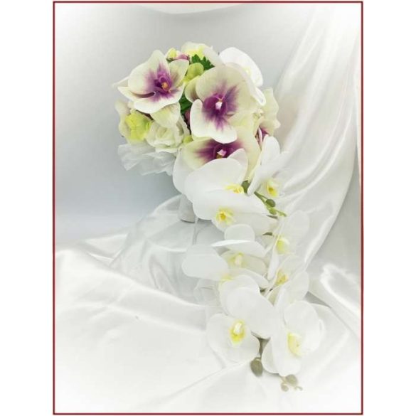 Lila-Fehér Orchideás-Rózsás, zöld Hortenziás Örök-cseppcsokor + kitűzővel 