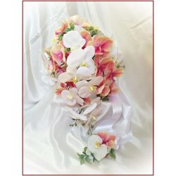 Korall-fehér orchideás örök-csokor kitűzővel 