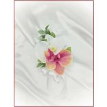 Korall-fehér orchideás örök-csokor kitűzővel 