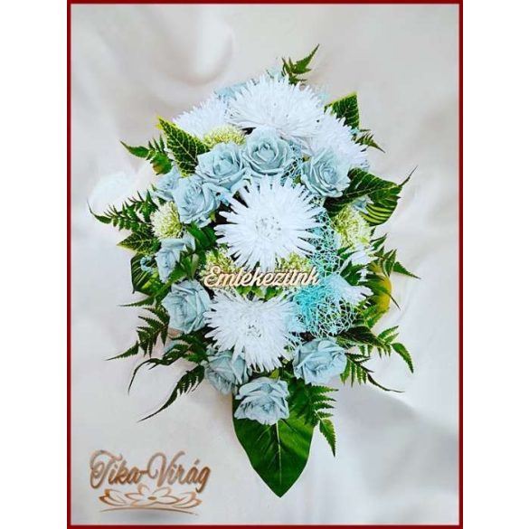 Virágtál Jég-kék rózsák és Fehér Krizantémok 