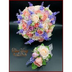   LEVENDULÁS-RÓZSÁS ANTIK HATÁSÚ, VINTAGE STÍLUSÚ ÖRÖK-CSOKOR+kitűzővel 