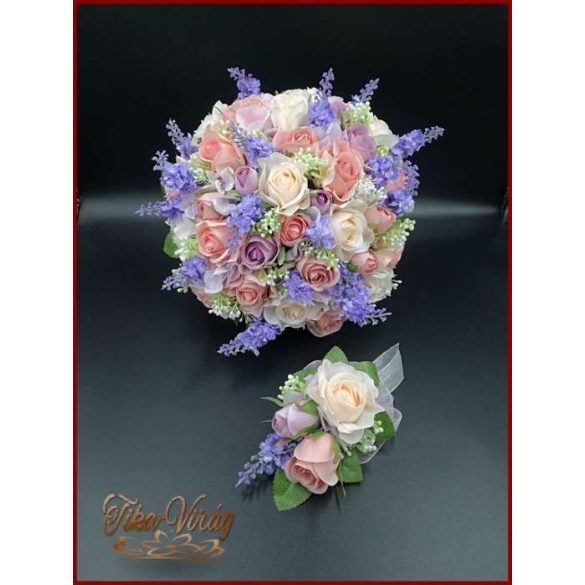 LEVENDULÁS-RÓZSÁS ANTIK HATÁSÚ, VINTAGE STÍLUSÚ ÖRÖK-CSOKOR+kitűzővel 