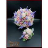 LEVENDULÁS-RÓZSÁS ANTIK HATÁSÚ, VINTAGE STÍLUSÚ ÖRÖK-CSOKOR+kitűzővel 