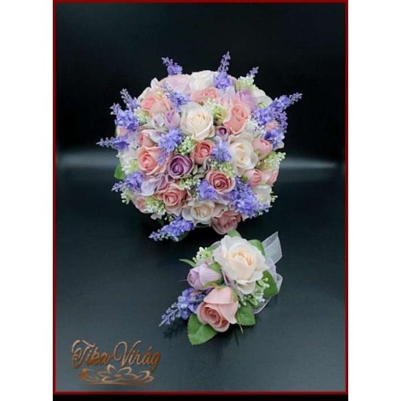 LEVENDULÁS-RÓZSÁS ANTIK HATÁSÚ, VINTAGE STÍLUSÚ ÖRÖK-CSOKOR+kitűzővel 