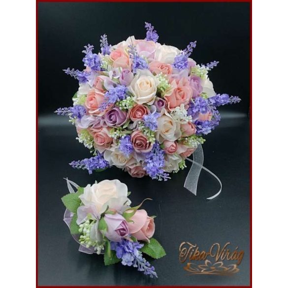 LEVENDULÁS-RÓZSÁS ANTIK HATÁSÚ, VINTAGE STÍLUSÚ ÖRÖK-CSOKOR+kitűzővel 