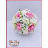 5 szálas fehér rózsa - rózsaszín bazsarózsával rezgővel díszített örök-csokor 