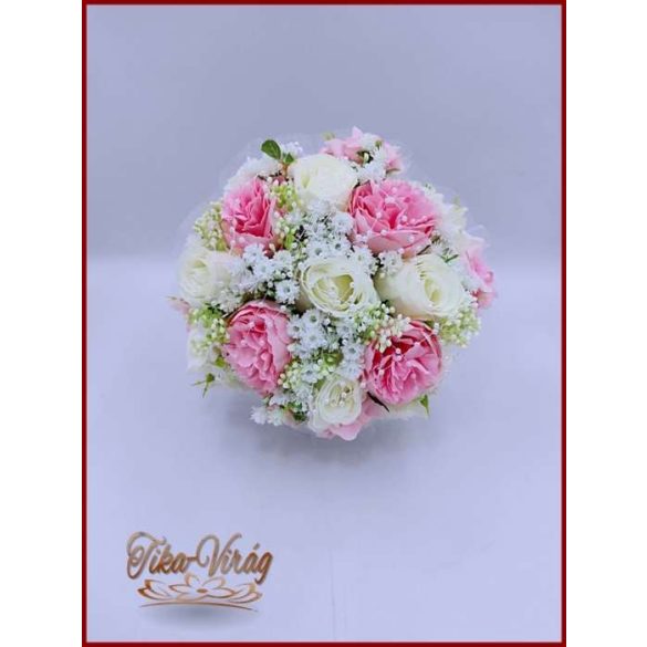 5 szálas fehér rózsa - rózsaszín bazsarózsával rezgővel díszített örök-csokor 