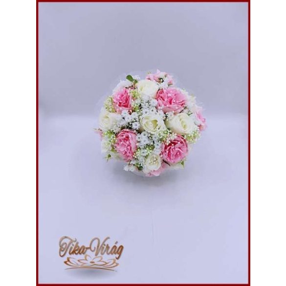 5 szálas fehér rózsa - rózsaszín bazsarózsával rezgővel díszített örök-csokor 