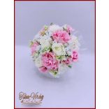 5 szálas fehér rózsa - rózsaszín bazsarózsával rezgővel díszített örök-csokor 