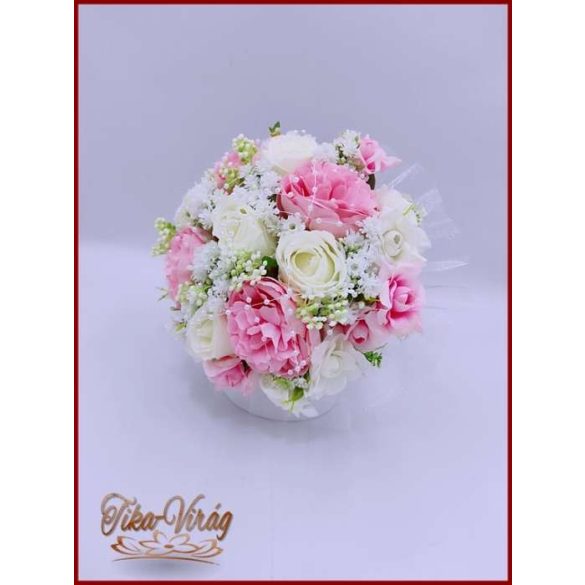 5 szálas fehér rózsa - rózsaszín bazsarózsával rezgővel díszített örök-csokor 