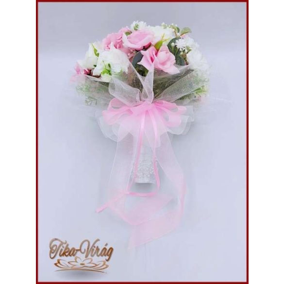 5 szálas fehér rózsa - rózsaszín bazsarózsával rezgővel díszített örök-csokor 