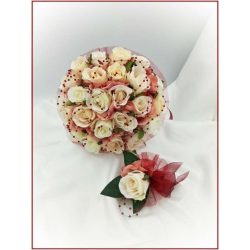   Mályvás-pasztell Örök-csokor 24 virágos burgundi díszítéssel + kitűzővel 