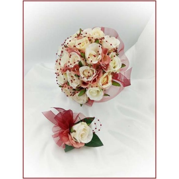 Mályvás-pasztell Örök-csokor 24 virágos burgundi díszítéssel + kitűzővel 