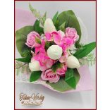 Tulipán-rózsa-hortenzia szappan-virágokból álló csokor 