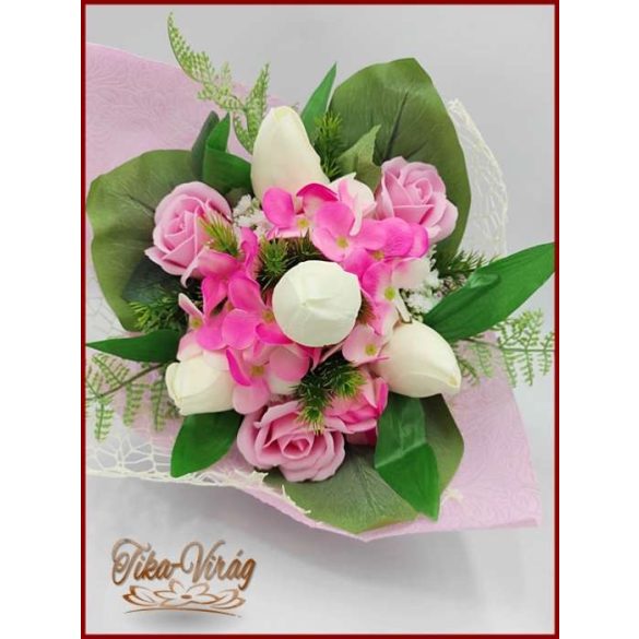 Tulipán-rózsa-hortenzia szappan-virágokból álló csokor 