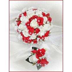   25 szálas fehér-piros rózsás örök-csokor + kitűzővel 