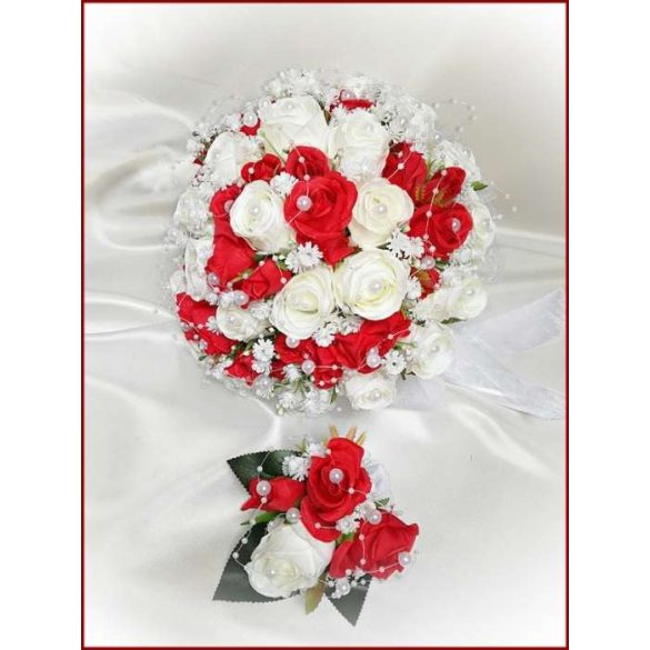 25 szálas fehér-piros rózsás örök-csokor + kitűzővel 