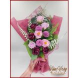 Mályva-lila rózsák, kamélia, dália szappan-virág csokor 