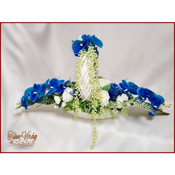 Virágtál Kék-orchideák Fehér Angol-rózsákkal 