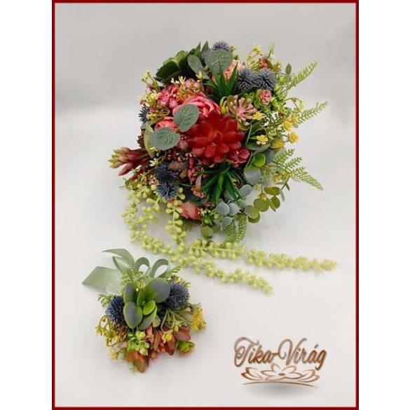 Pozsgás virágokból álló örök-csokor + kitűzővel 