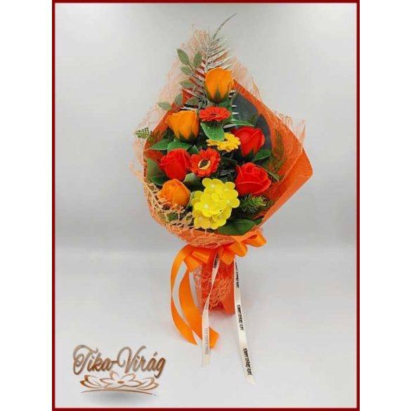 Narancssárga-rózsák és mini gerbera szappan-virág csokor 
