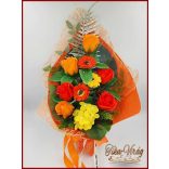 Narancssárga-rózsák és mini gerbera szappan-virág csokor 