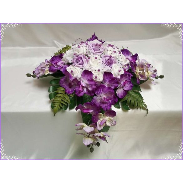 Lila-Fehér Orchideás-Rózsás Örök-asztaldísz 