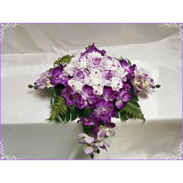 Lila-Fehér Orchideás-Rózsás Örök-asztaldísz 