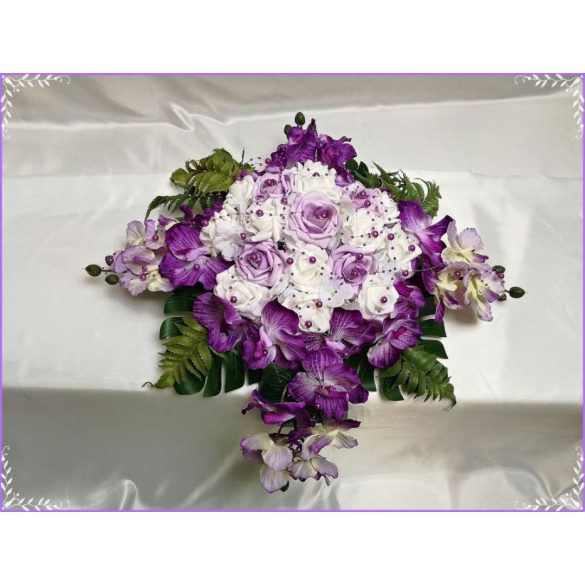 Lila-Fehér Orchideás-Rózsás Örök-asztaldísz 