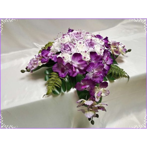 Lila-Fehér Orchideás-Rózsás Örök-asztaldísz 