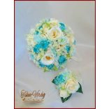 Türkiz-zöld boglárkás-azáleás-ekrü rózsás csokor+ kitűzővel 