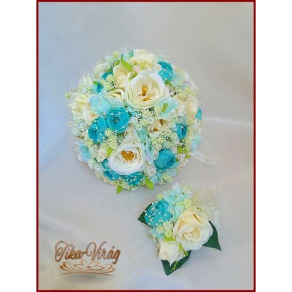 Türkiz-zöld boglárkás-azáleás-ekrü rózsás csokor+ kitűzővel 