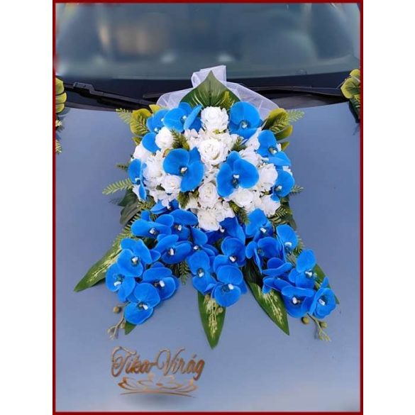 Kék orchideás- fehér rózsás örök autódísz 