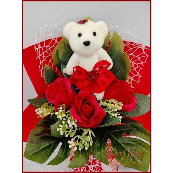 Piros maci 3 szál szappan-rózsával 