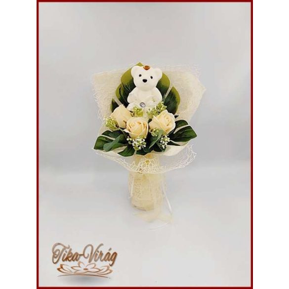 Ekrü maci 3 szál szappan-rózsával 