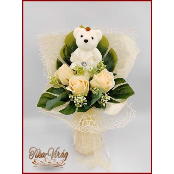 Ekrü maci 3 szál szappan-rózsával 