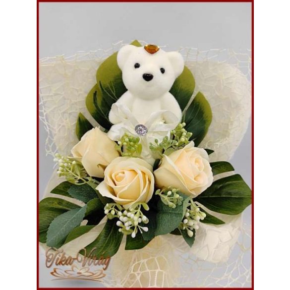 Ekrü maci 3 szál szappan-rózsával 