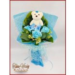 Világoskék maci 3 szál szappan-rózsával 