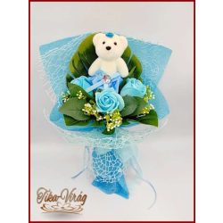 Világoskék maci 3 szál szappan-rózsával 