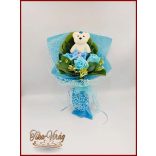 Világoskék maci 3 szál szappan-rózsával 