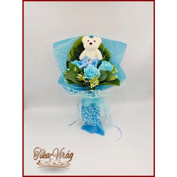 Világoskék maci 3 szál szappan-rózsával 