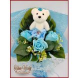 Világoskék maci 3 szál szappan-rózsával 