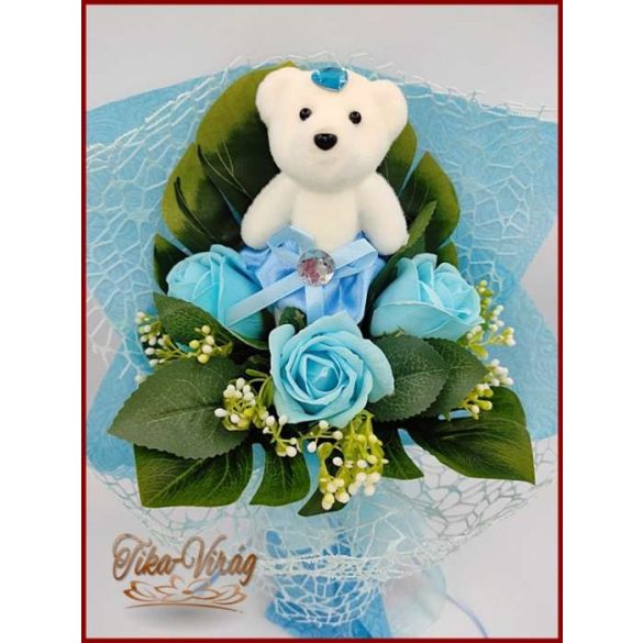 Világoskék maci 3 szál szappan-rózsával 