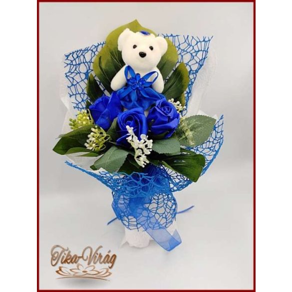 Királykék maci 3 szál szappan-rózsával 