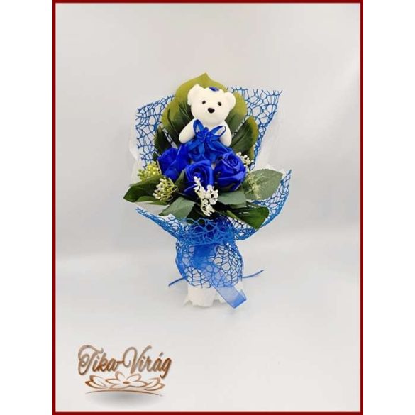 Királykék maci 3 szál szappan-rózsával 