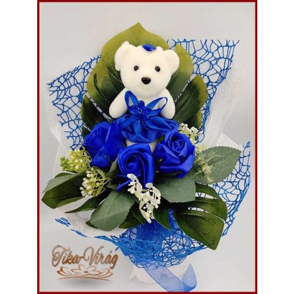 Királykék maci 3 szál szappan-rózsával 