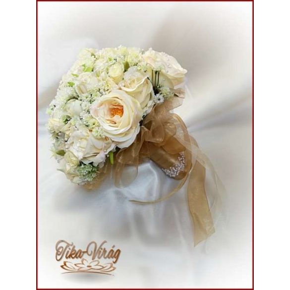 Pezsgő-arany-ekrü díszítésű menyasszonyi-örök-csokor 