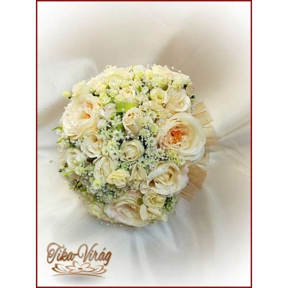 Pezsgő-arany-ekrü díszítésű menyasszonyi-örök-csokor 